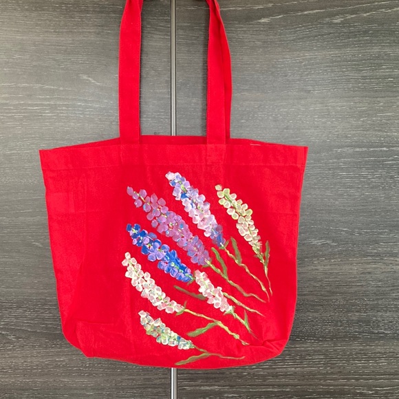 Artisan Painted Lupins on Red Cotton Tote - Picture 2 of 5